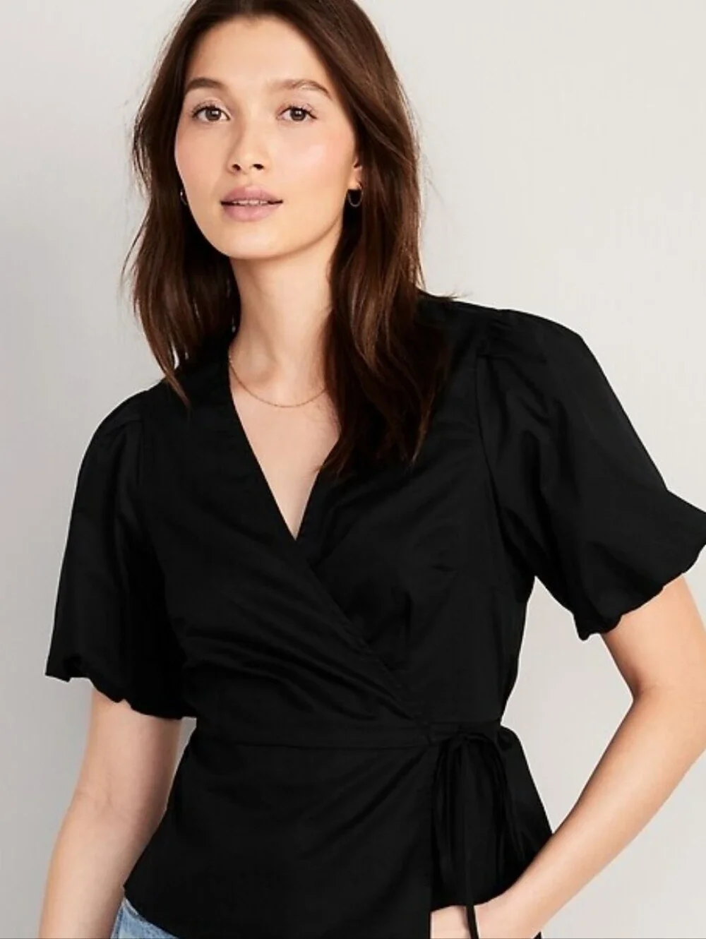 🆕 Old Navy Black Wrap Tie-Blouse with Puff Sleeves